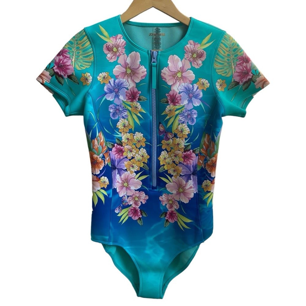 Johnny Was Swimsuit One Piece Zip Neoprene Blue Teal Tie Dye Floral Medium - Picture 13 of 13